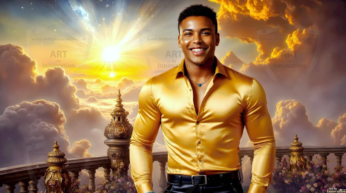 AI-generated Golden City Young Men — beautiful handsome young men in their teens and 20s on balconies overlooking a majestic golden heavenly city. 349 images by Jeff Dupler.