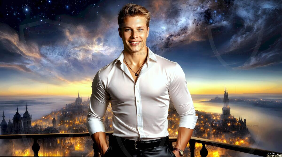 AI-generated Golden City Young Men — beautiful handsome young men in their teens and 20s on balconies overlooking a majestic golden heavenly city. 349 images by Jeff Dupler.