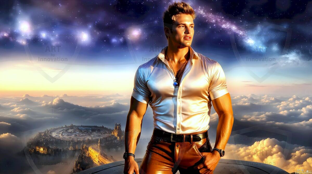 AI-generated Golden City Young Men — beautiful handsome young men in their teens and 20s on balconies overlooking a majestic golden heavenly city. 349 images by Jeff Dupler.