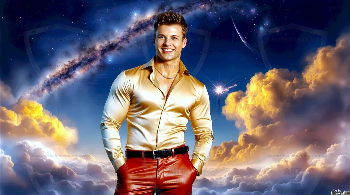 AI-generated Golden City Young Men — beautiful handsome young men in their teens and 20s on balconies overlooking a majestic golden heavenly city. 349 images by Jeff Dupler.
