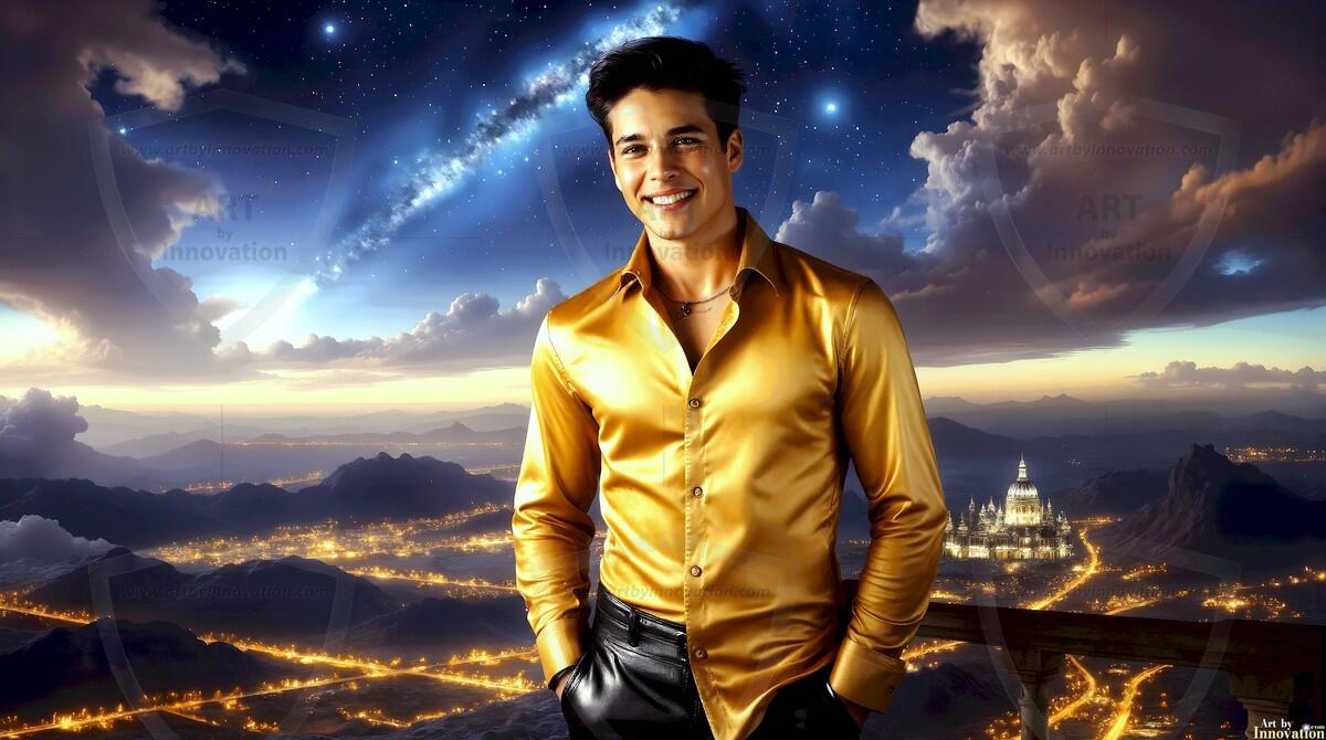 AI-generated Golden City Young Men — beautiful handsome young men in their teens and 20s on balconies overlooking a majestic golden heavenly city. 349 images by Jeff Dupler.