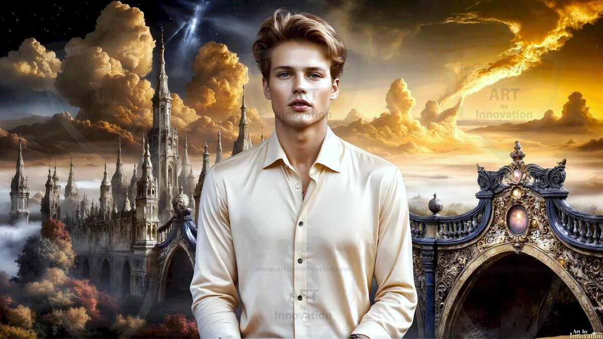 AI-generated Golden City Young Men — beautiful handsome young men in their teens and 20s on balconies overlooking a majestic golden heavenly city. 349 images by Jeff Dupler.