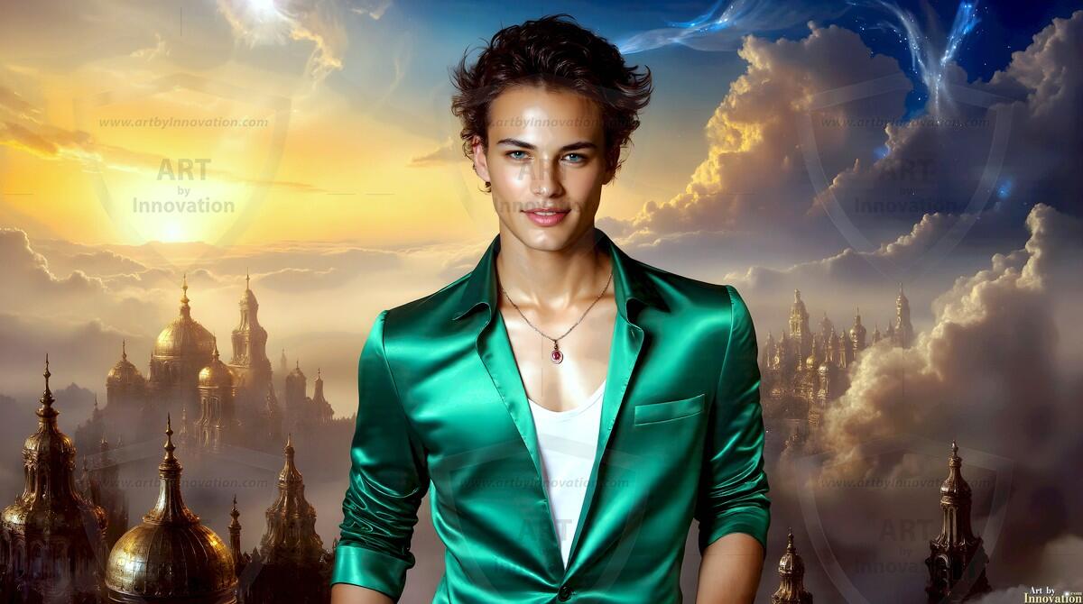 AI-generated Golden City Young Men — beautiful handsome young men in their teens and 20s on balconies overlooking a majestic golden heavenly city. 349 images by Jeff Dupler.
