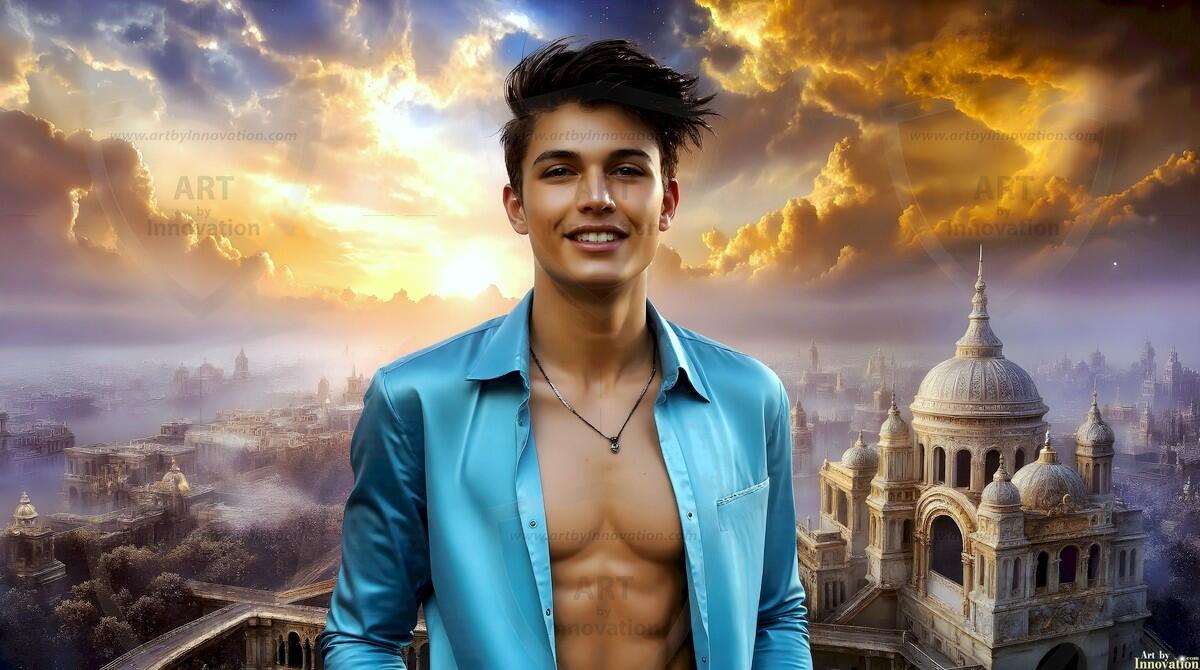 AI-generated Golden City Young Men — beautiful handsome young men in their teens and 20s on balconies overlooking a majestic golden heavenly city. 349 images by Jeff Dupler.