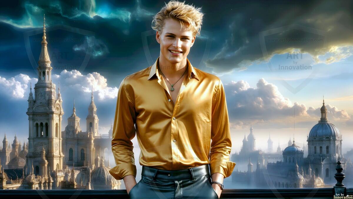 AI-generated Golden City Young Men — beautiful handsome young men in their teens and 20s on balconies overlooking a majestic golden heavenly city. 349 images by Jeff Dupler.