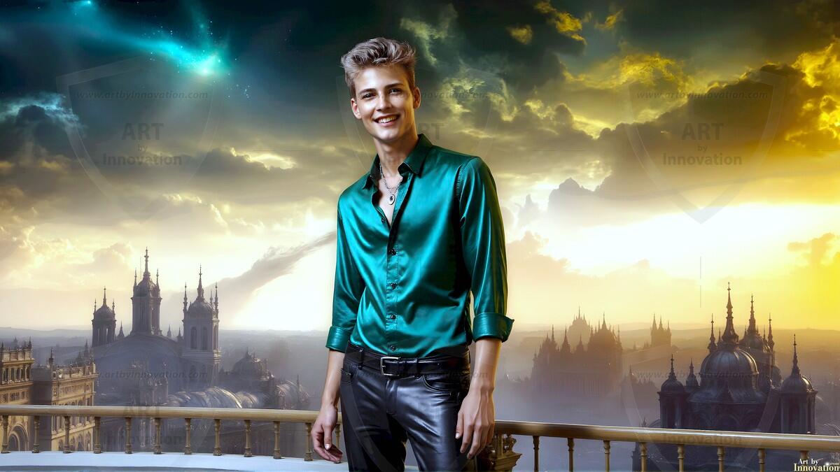 AI-generated Golden City Young Men — beautiful handsome young men in their teens and 20s on balconies overlooking a majestic golden heavenly city. 349 images by Jeff Dupler.