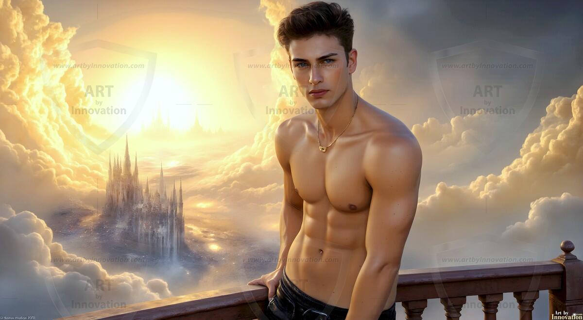 AI-generated Golden City Young Men — beautiful handsome young men in their teens and 20s on balconies overlooking a majestic golden heavenly city. 349 images by Jeff Dupler.