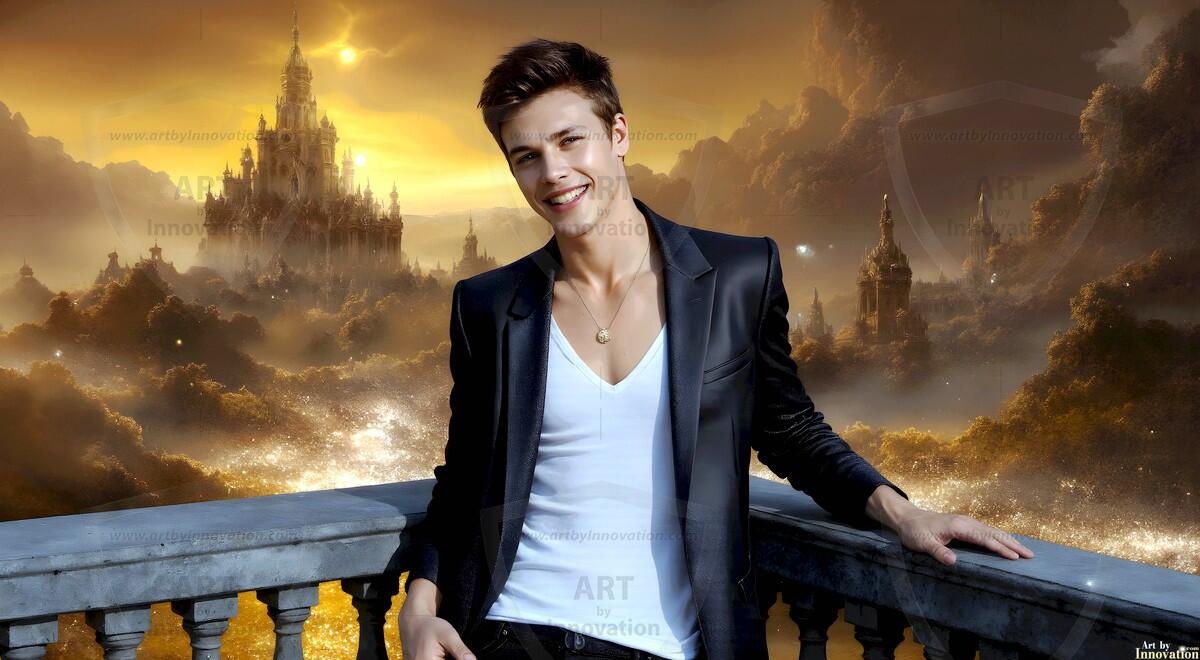 AI-generated Golden City Young Men — beautiful handsome young men in their teens and 20s on balconies overlooking a majestic golden heavenly city. 349 images by Jeff Dupler.