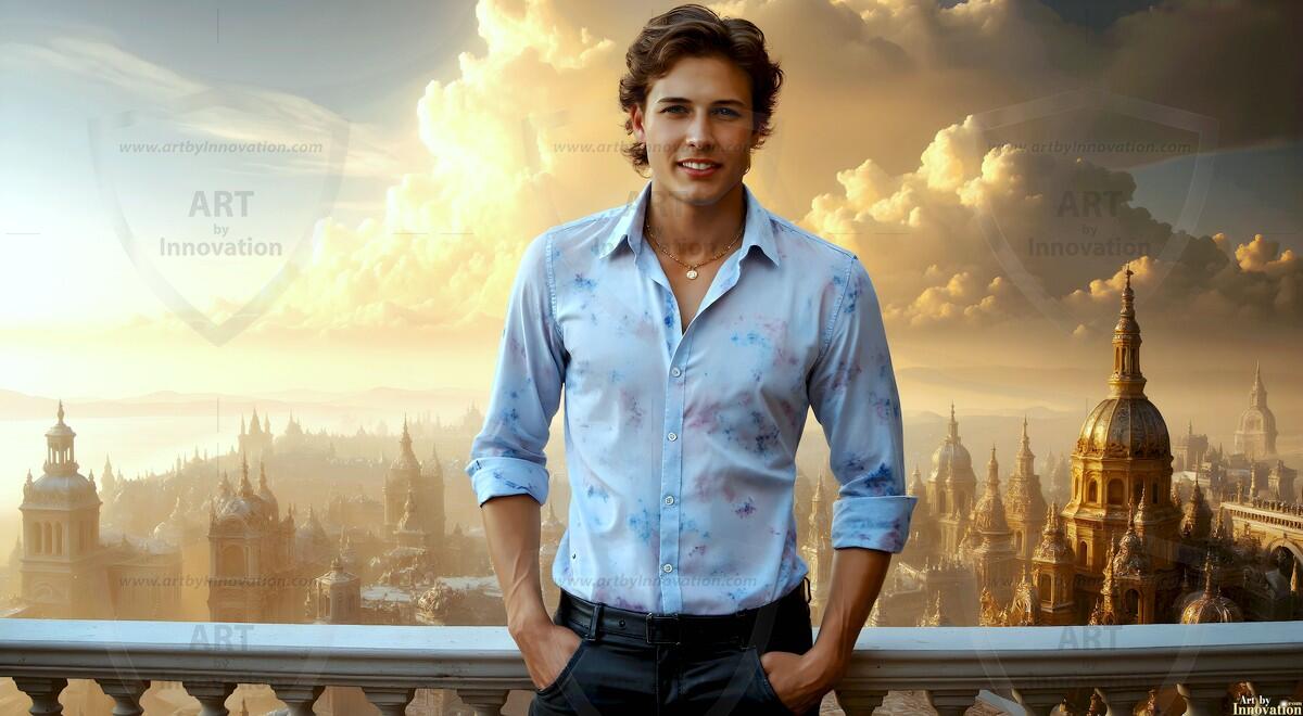 AI-generated Golden City Young Men — beautiful handsome young men in their teens and 20s on balconies overlooking a majestic golden heavenly city. 349 images by Jeff Dupler.