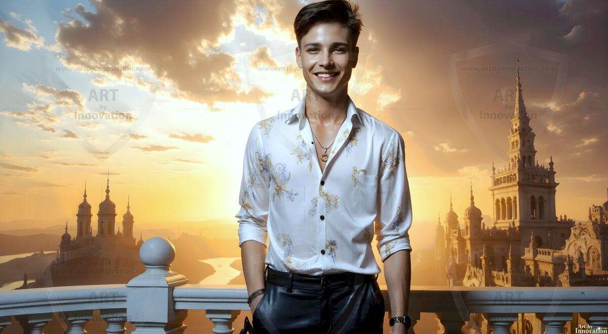 AI-generated Golden City Young Men — beautiful handsome young men in their teens and 20s on balconies overlooking a majestic golden heavenly city. 349 images by Jeff Dupler.