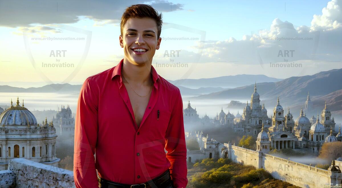 AI-generated Golden City Young Men — beautiful handsome young men in their teens and 20s on balconies overlooking a majestic golden heavenly city. 349 images by Jeff Dupler.