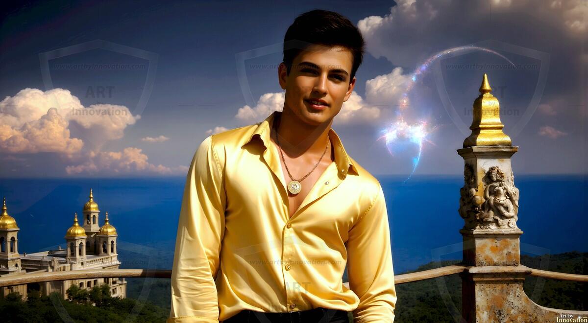 AI-generated Golden City Young Men — beautiful handsome young men in their teens and 20s on balconies overlooking a majestic golden heavenly city. 349 images by Jeff Dupler.