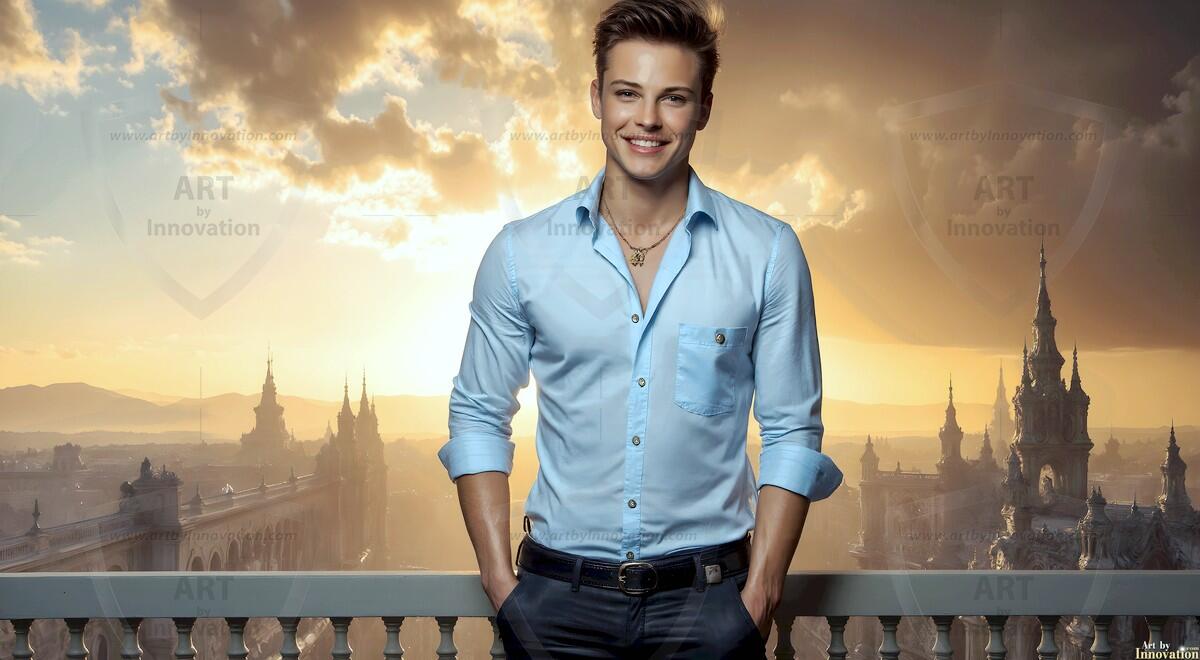 AI-generated Golden City Young Men — beautiful handsome young men in their teens and 20s on balconies overlooking a majestic golden heavenly city. 349 images by Jeff Dupler.
