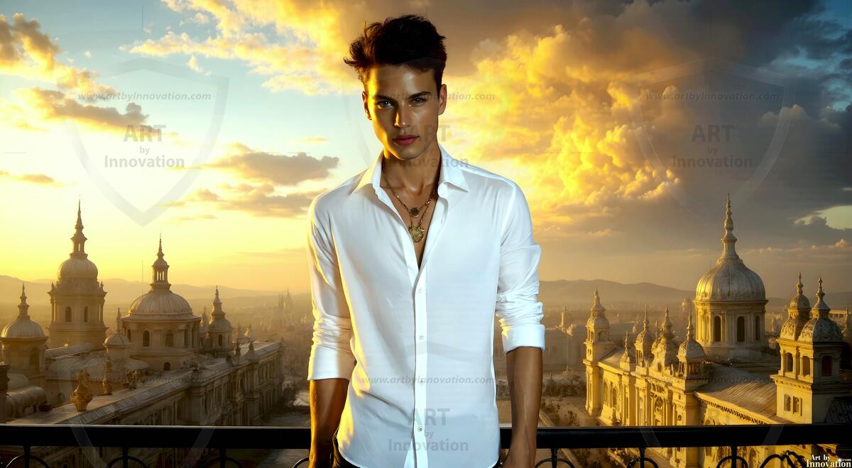 AI-generated Golden City Young Men — beautiful handsome young men in their teens and 20s on balconies overlooking a majestic golden heavenly city. 349 images by Jeff Dupler.