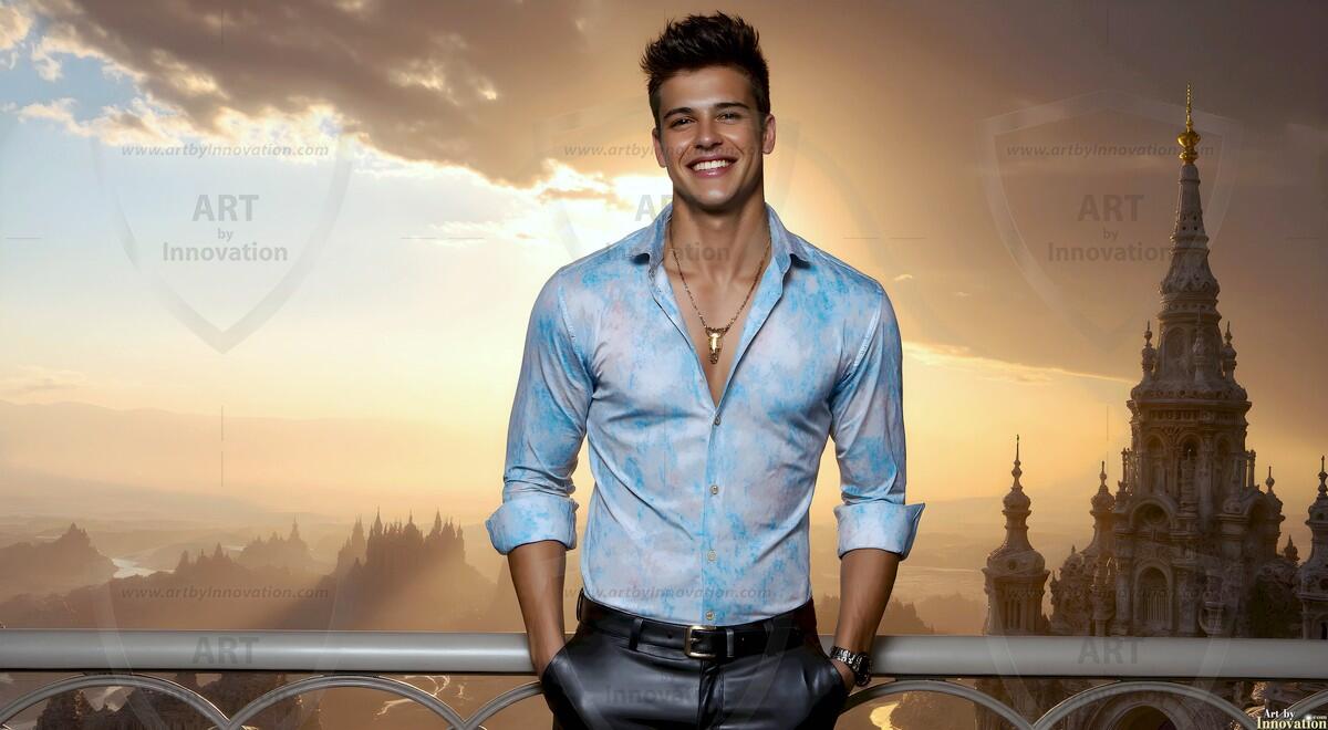 AI-generated Golden City Young Men — beautiful handsome young men in their teens and 20s on balconies overlooking a majestic golden heavenly city. 349 images by Jeff Dupler.