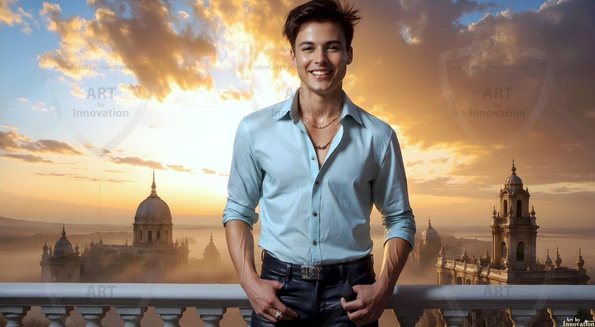 AI-generated Golden City Young Men — beautiful handsome young men in their teens and 20s on balconies overlooking a majestic golden heavenly city. 349 images by Jeff Dupler.