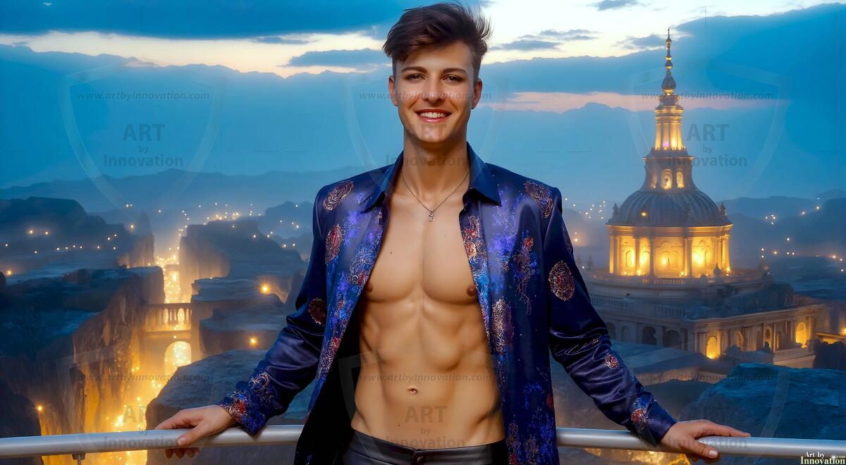 AI-generated Golden City Young Men — beautiful handsome young men in their teens and 20s on balconies overlooking a majestic golden heavenly city. 349 images by Jeff Dupler.