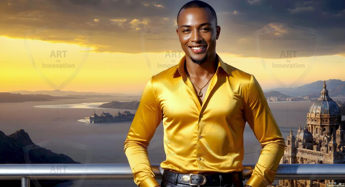 AI-generated Golden City Young Men — beautiful handsome young men in their teens and 20s on balconies overlooking a majestic golden heavenly city. 349 images by Jeff Dupler.