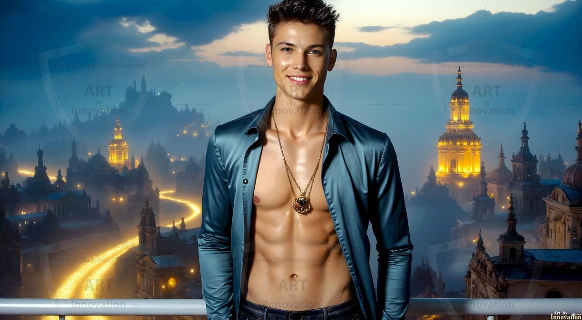 AI-generated Golden City Young Men — beautiful handsome young men in their teens and 20s on balconies overlooking a majestic golden heavenly city. 349 images by Jeff Dupler.
