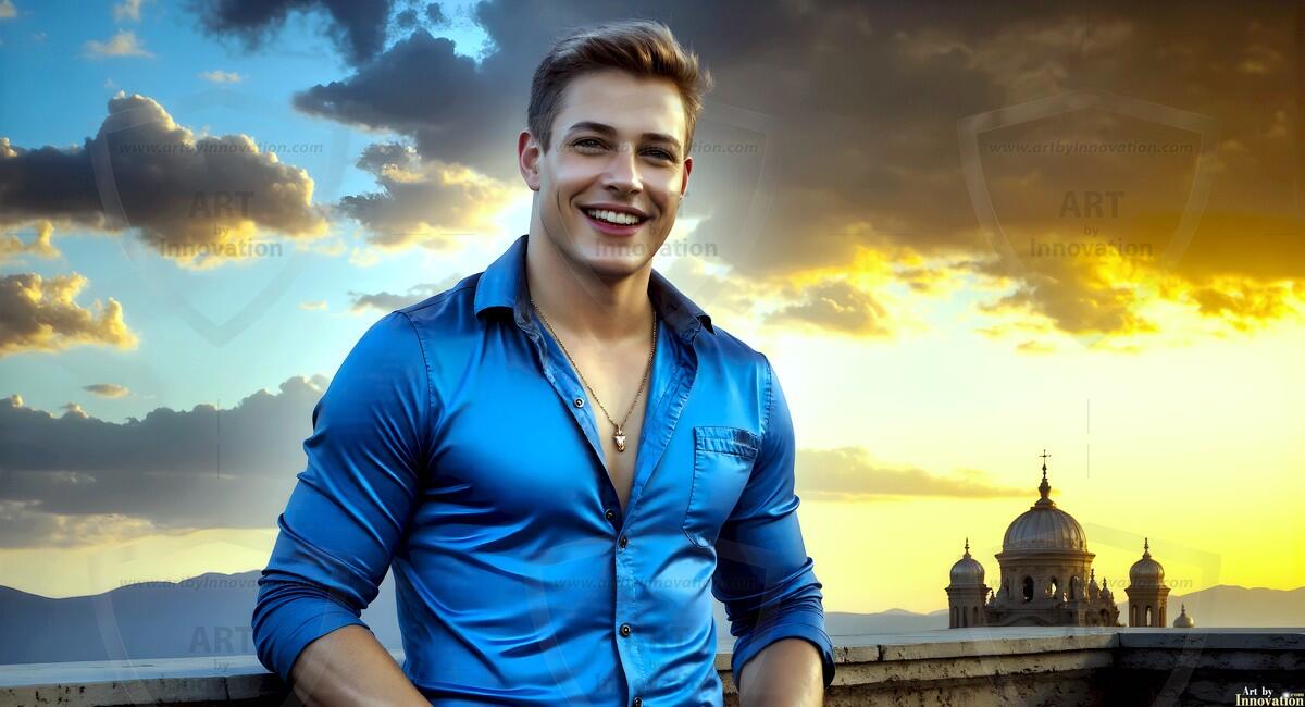 AI-generated Golden City Young Men — beautiful handsome young men in their teens and 20s on balconies overlooking a majestic golden heavenly city. 349 images by Jeff Dupler.