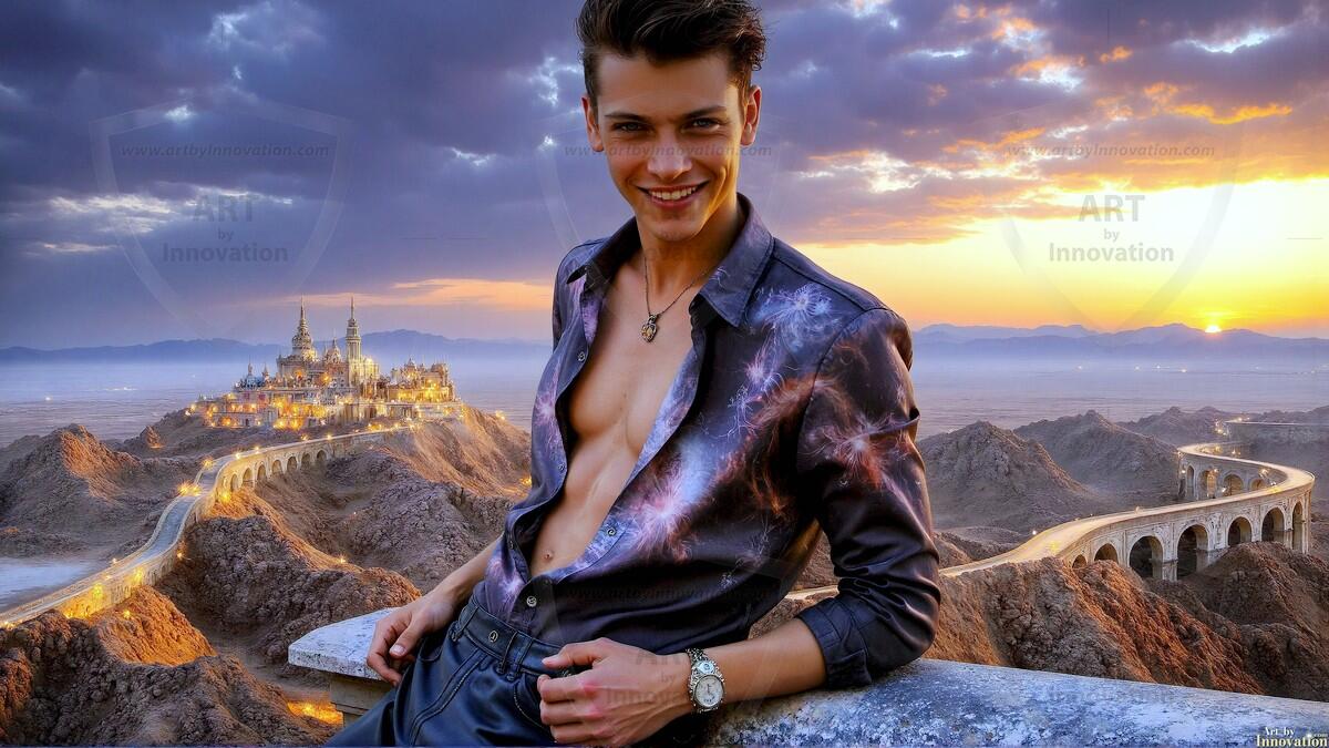 AI-generated Golden City Young Men — beautiful handsome young men in their teens and 20s on balconies overlooking a majestic golden heavenly city. 349 images by Jeff Dupler.