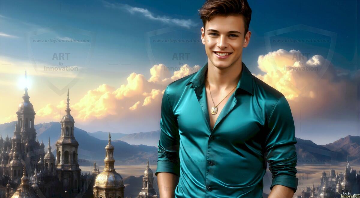AI-generated Golden City Young Men — beautiful handsome young men in their teens and 20s on balconies overlooking a majestic golden heavenly city. 349 images by Jeff Dupler.