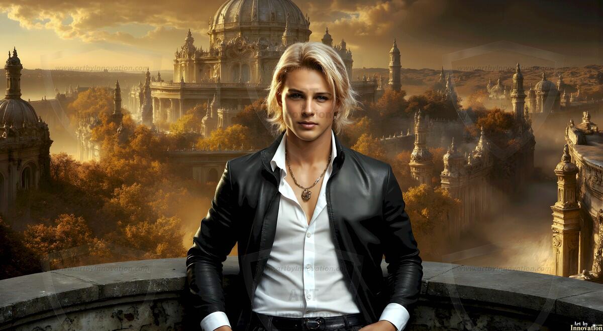 AI-generated Golden City Young Men — beautiful handsome young men in their teens and 20s on balconies overlooking a majestic golden heavenly city. 349 images by Jeff Dupler.