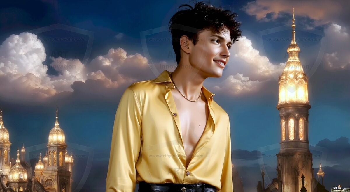AI-generated Golden City Young Men — beautiful handsome young men in their teens and 20s on balconies overlooking a majestic golden heavenly city. 349 images by Jeff Dupler.