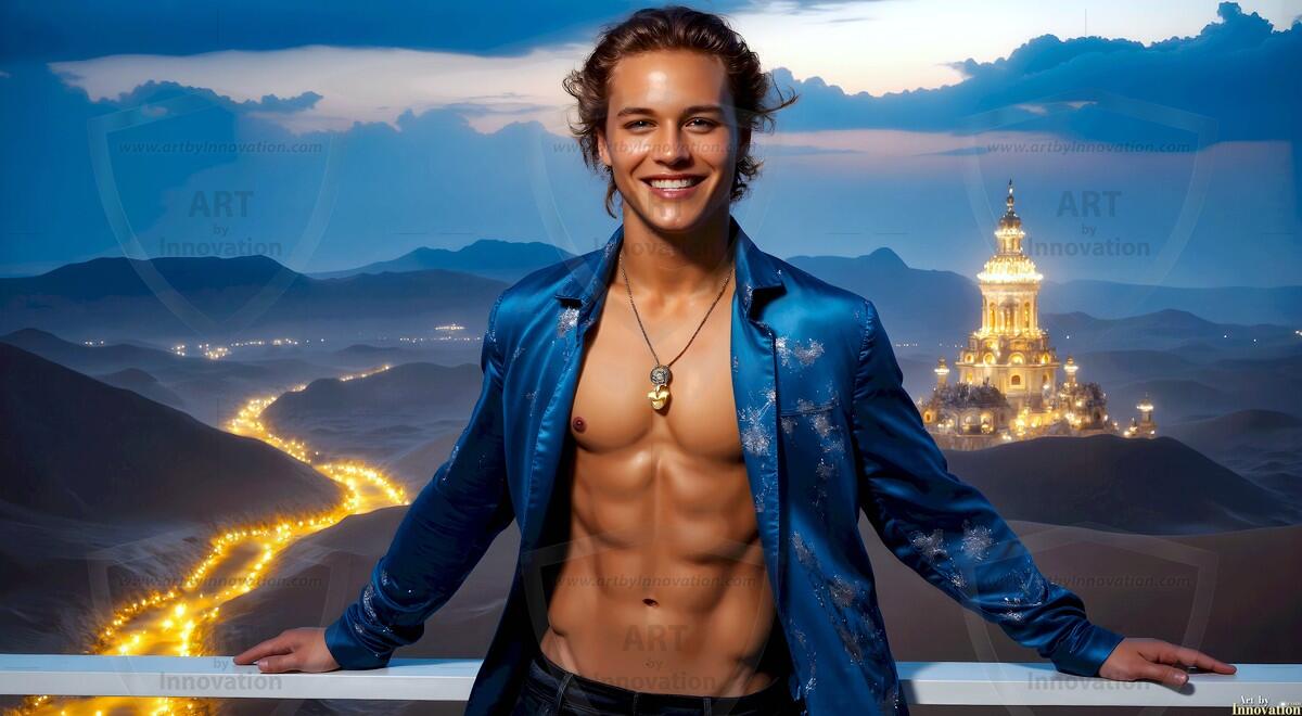 AI-generated Golden City Young Men — beautiful handsome young men in their teens and 20s on balconies overlooking a majestic golden heavenly city. 349 images by Jeff Dupler.