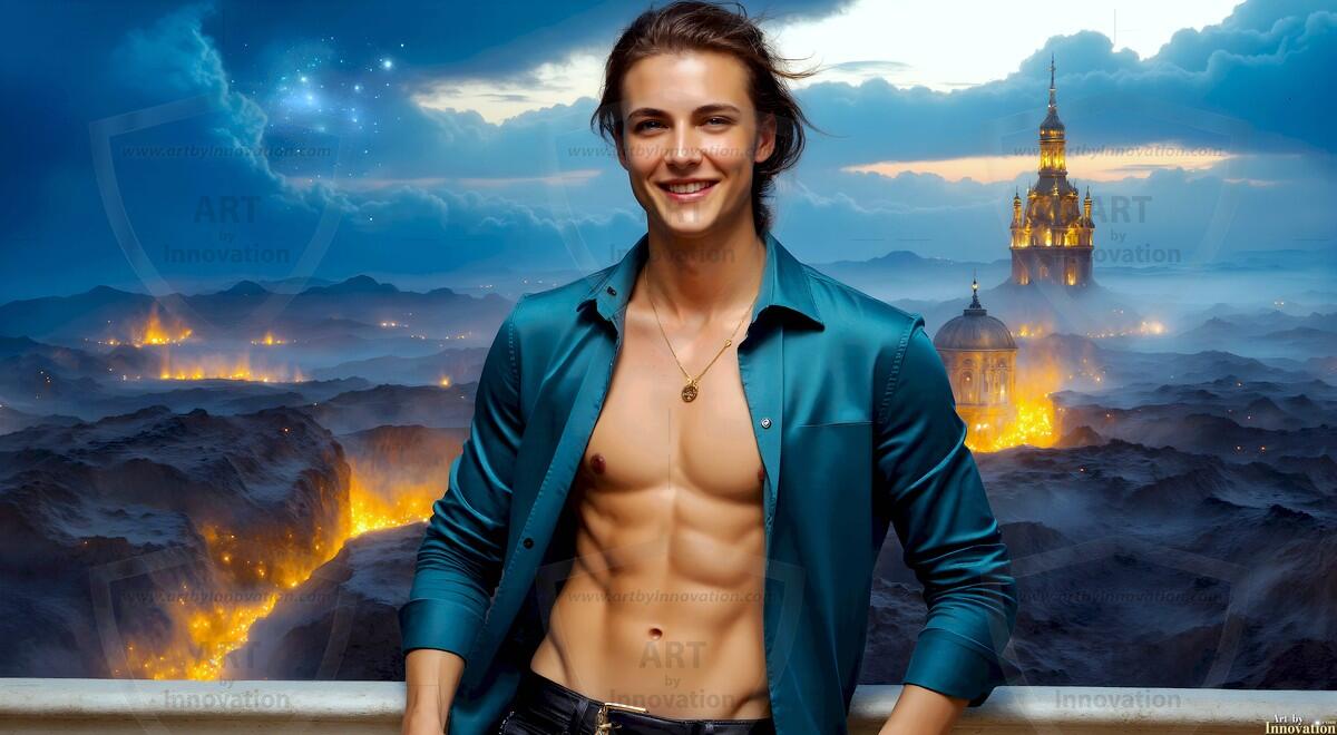 AI-generated Golden City Young Men — beautiful handsome young men in their teens and 20s on balconies overlooking a majestic golden heavenly city. 349 images by Jeff Dupler.