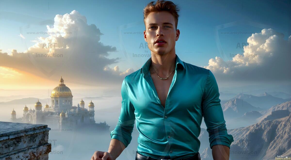AI-generated Golden City Young Men — beautiful handsome young men in their teens and 20s on balconies overlooking a majestic golden heavenly city. 349 images by Jeff Dupler.