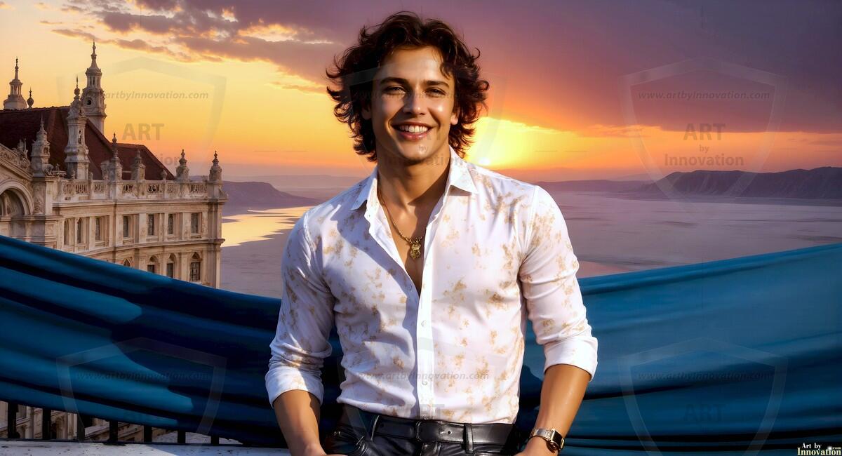 AI-generated Golden City Young Men — beautiful handsome young men in their teens and 20s on balconies overlooking a majestic golden heavenly city. 349 images by Jeff Dupler.