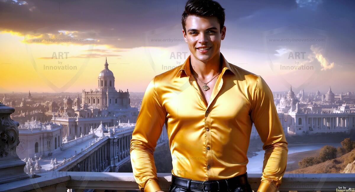 AI-generated Golden City Young Men — beautiful handsome young men in their teens and 20s on balconies overlooking a majestic golden heavenly city. 349 images by Jeff Dupler.
