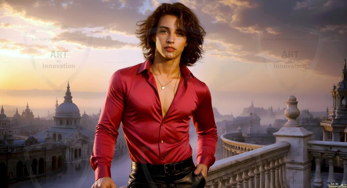 AI-generated Golden City Young Men — beautiful handsome young men in their teens and 20s on balconies overlooking a majestic golden heavenly city. 349 images by Jeff Dupler.