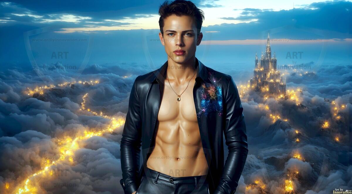 AI-generated Golden City Young Men — beautiful handsome young men in their teens and 20s on balconies overlooking a majestic golden heavenly city. 349 images by Jeff Dupler.