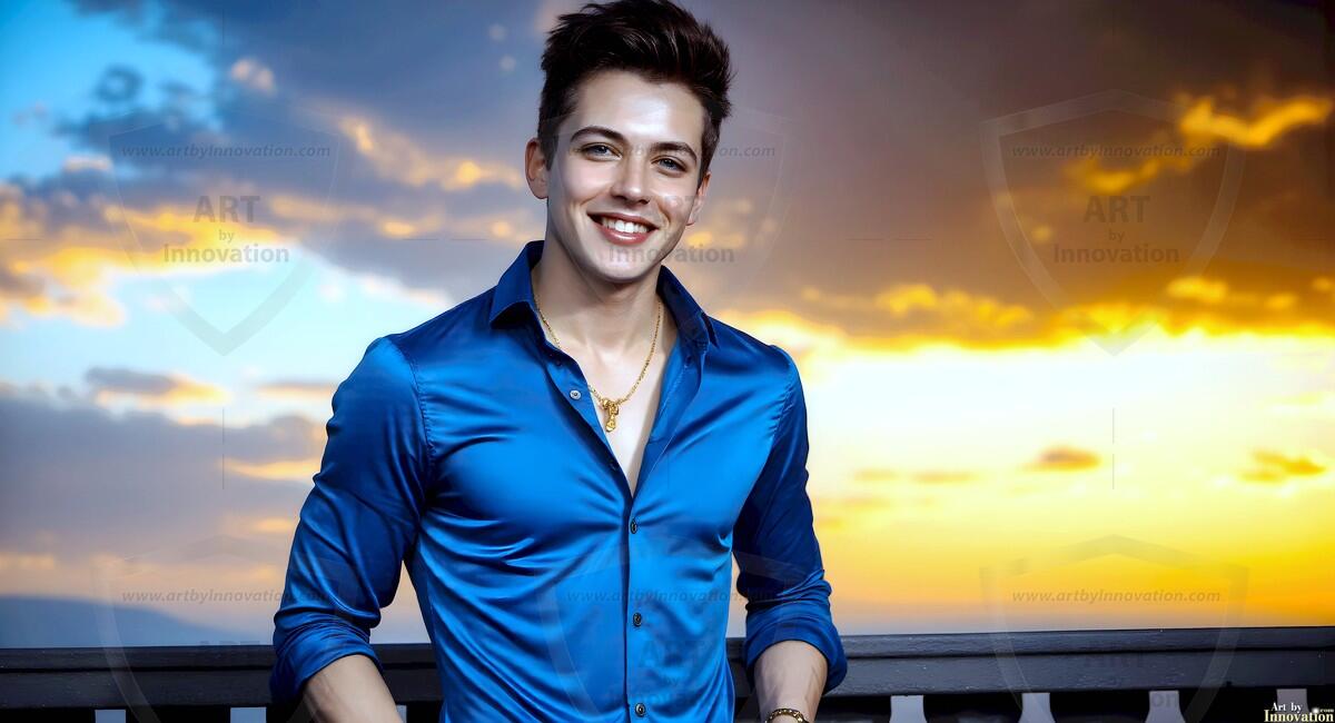 AI-generated Golden City Young Men — beautiful handsome young men in their teens and 20s on balconies overlooking a majestic golden heavenly city. 349 images by Jeff Dupler.