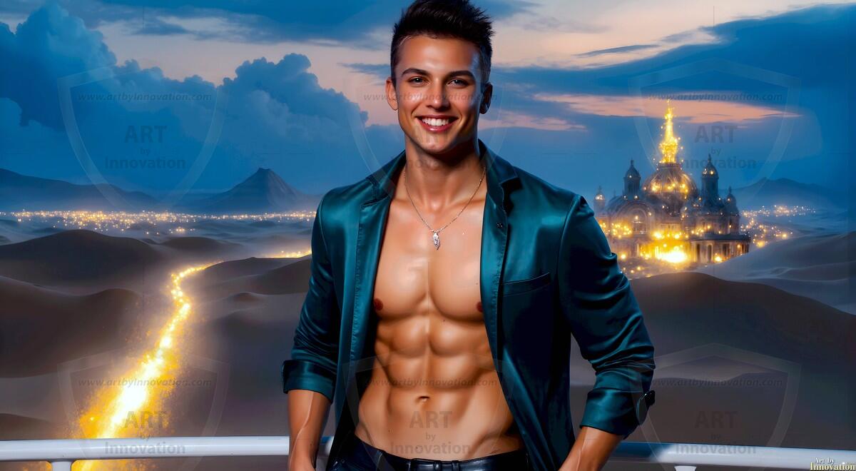 AI-generated Golden City Young Men — beautiful handsome young men in their teens and 20s on balconies overlooking a majestic golden heavenly city. 349 images by Jeff Dupler.