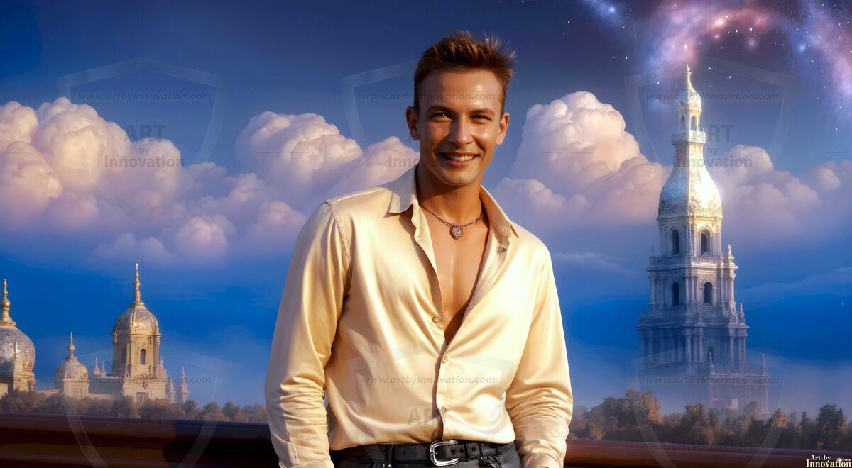 AI-generated Golden City Young Men — beautiful handsome young men in their teens and 20s on balconies overlooking a majestic golden heavenly city. 349 images by Jeff Dupler.
