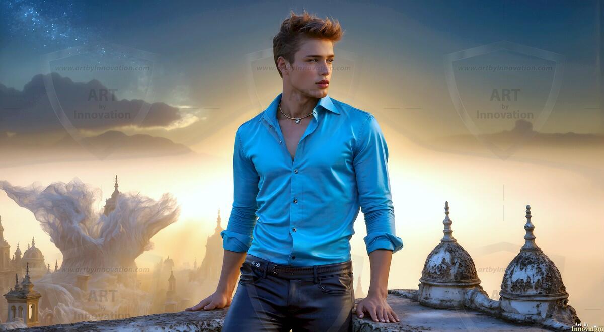 AI-generated Golden City Young Men — beautiful handsome young men in their teens and 20s on balconies overlooking a majestic golden heavenly city. 349 images by Jeff Dupler.