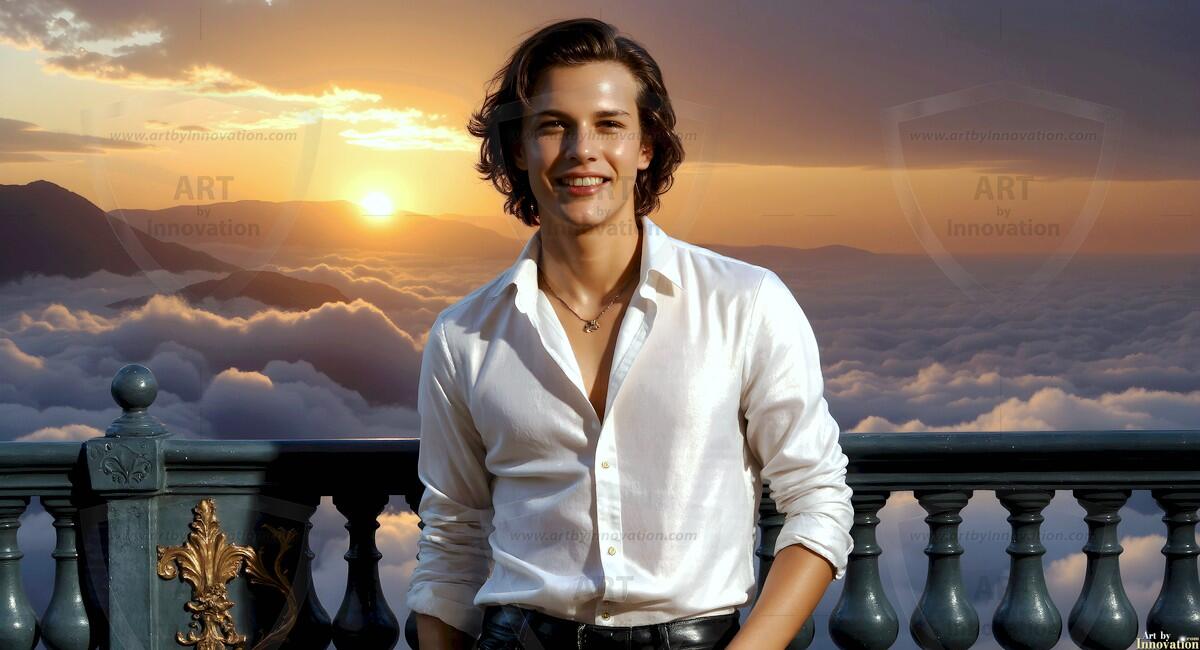 AI-generated Golden City Young Men — beautiful handsome young men in their teens and 20s on balconies overlooking a majestic golden heavenly city. 349 images by Jeff Dupler.