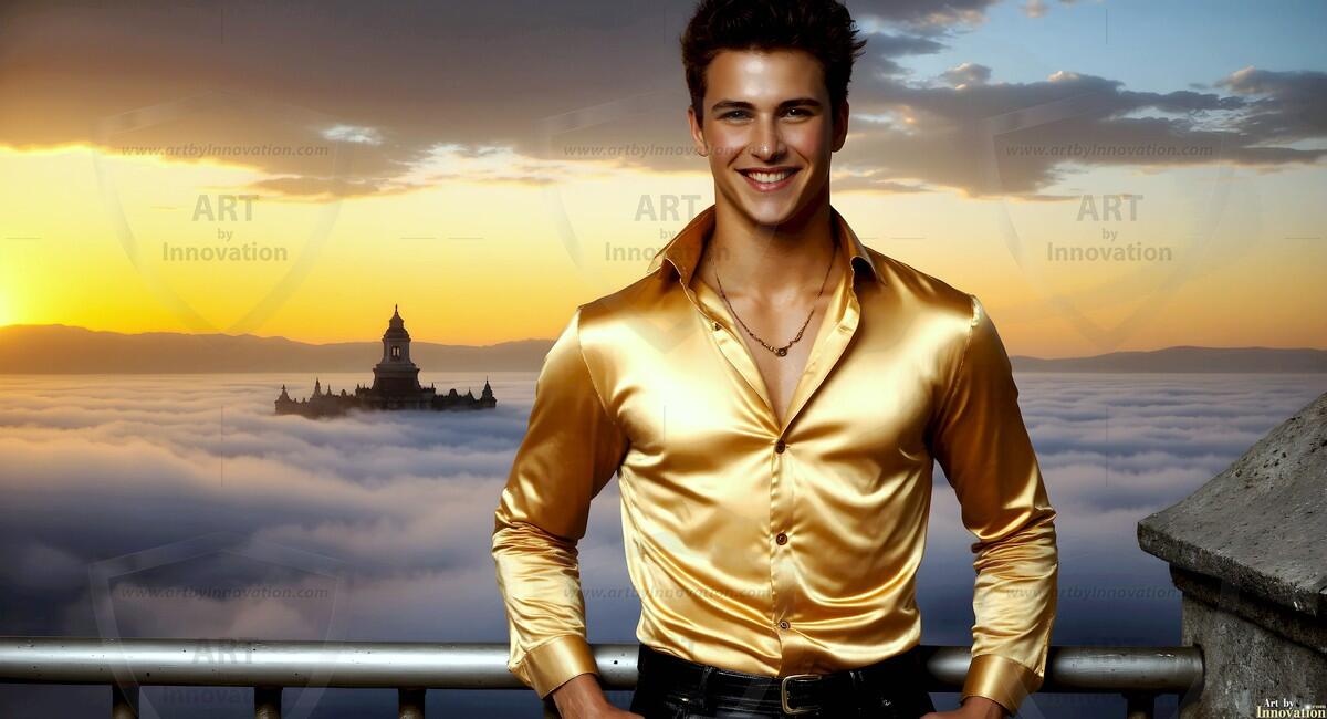AI-generated Golden City Young Men — beautiful handsome young men in their teens and 20s on balconies overlooking a majestic golden heavenly city. 349 images by Jeff Dupler.