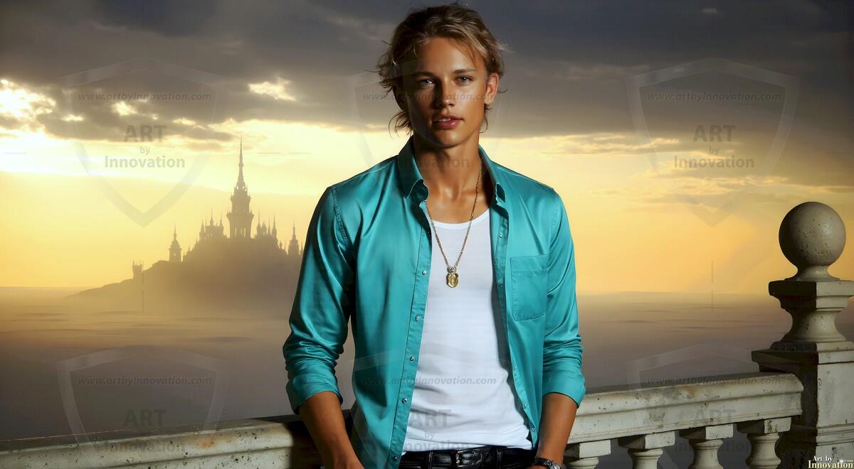 AI-generated Golden City Young Men — beautiful handsome young men in their teens and 20s on balconies overlooking a majestic golden heavenly city. 349 images by Jeff Dupler.