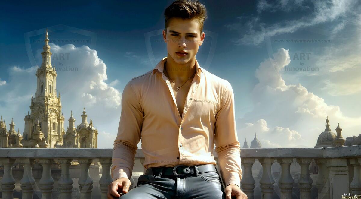 AI-generated Golden City Young Men — beautiful handsome young men in their teens and 20s on balconies overlooking a majestic golden heavenly city. 349 images by Jeff Dupler.