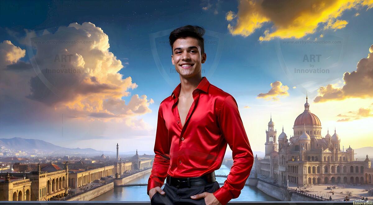 AI-generated Golden City Young Men — beautiful handsome young men in their teens and 20s on balconies overlooking a majestic golden heavenly city. 349 images by Jeff Dupler.