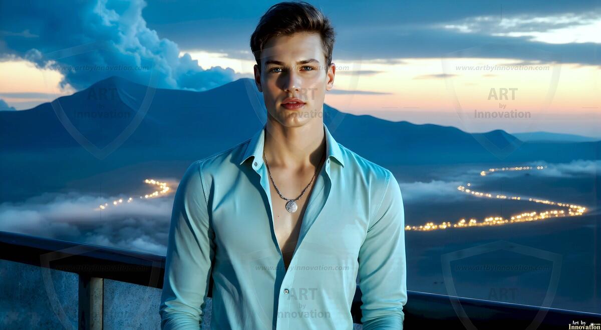 AI-generated Golden City Young Men — beautiful handsome young men in their teens and 20s on balconies overlooking a majestic golden heavenly city. 349 images by Jeff Dupler.