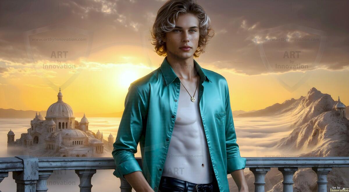 AI-generated Golden City Young Men — beautiful handsome young men in their teens and 20s on balconies overlooking a majestic golden heavenly city. 349 images by Jeff Dupler.