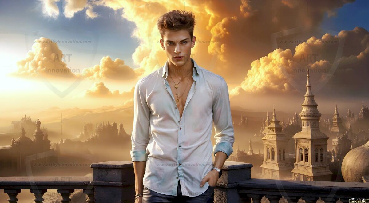 AI-generated Golden City Young Men — beautiful handsome young men in their teens and 20s on balconies overlooking a majestic golden heavenly city. 349 images by Jeff Dupler.