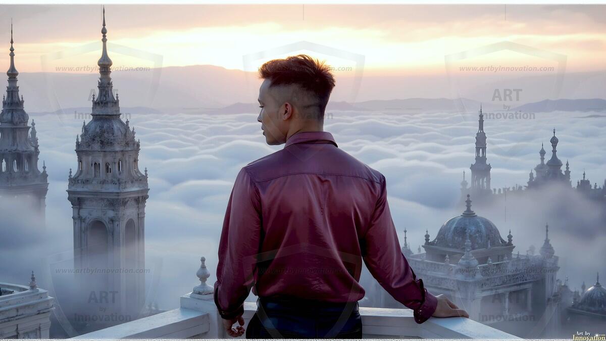AI-generated Golden City Young Men — beautiful handsome young men in their teens and 20s on balconies overlooking a majestic golden heavenly city. 349 images by Jeff Dupler.
