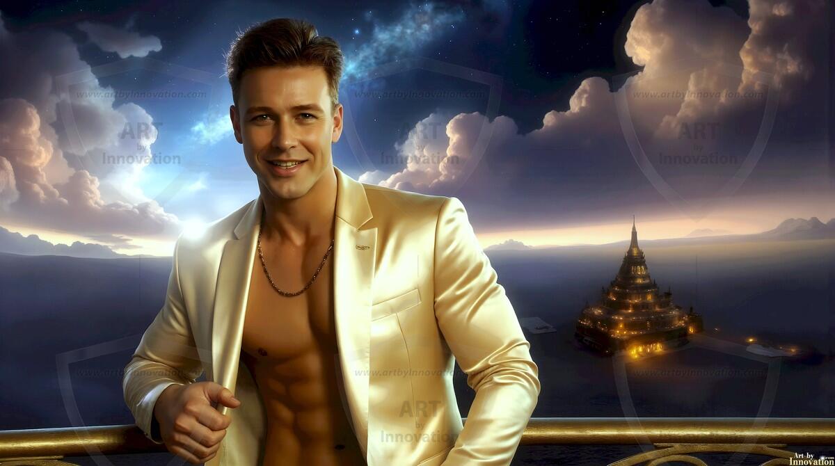 AI-generated Golden City Young Men — beautiful handsome young men in their teens and 20s on balconies overlooking a majestic golden heavenly city. 349 images by Jeff Dupler.