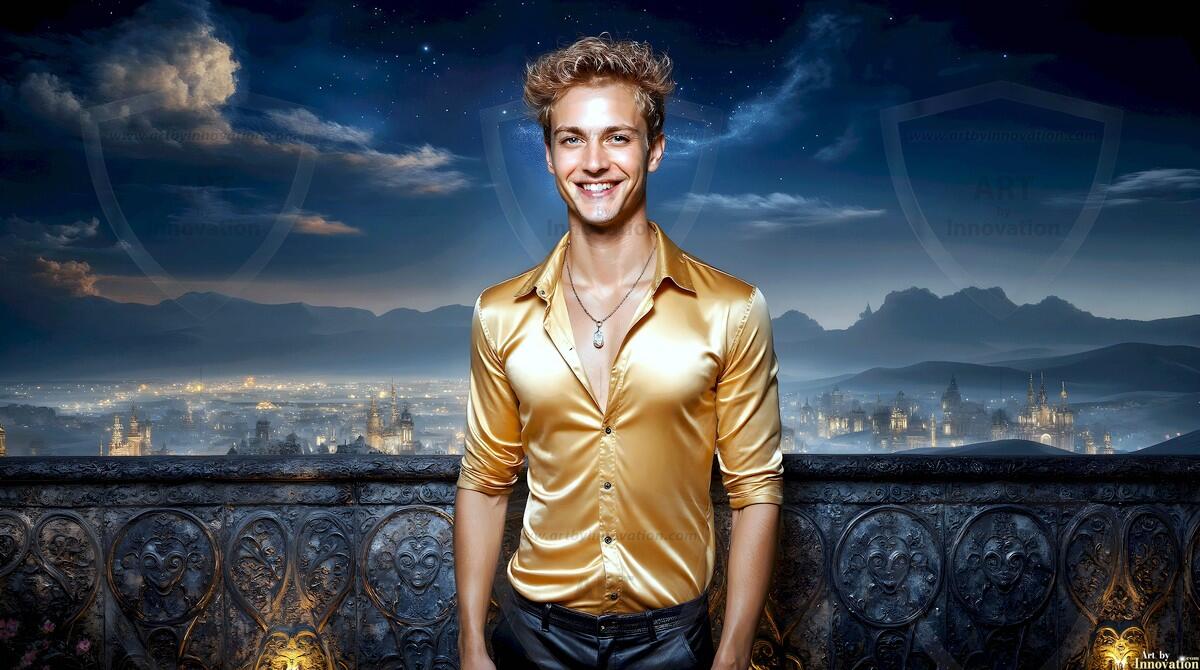 AI-generated Golden City Young Men — beautiful handsome young men in their teens and 20s on balconies overlooking a majestic golden heavenly city. 349 images by Jeff Dupler.